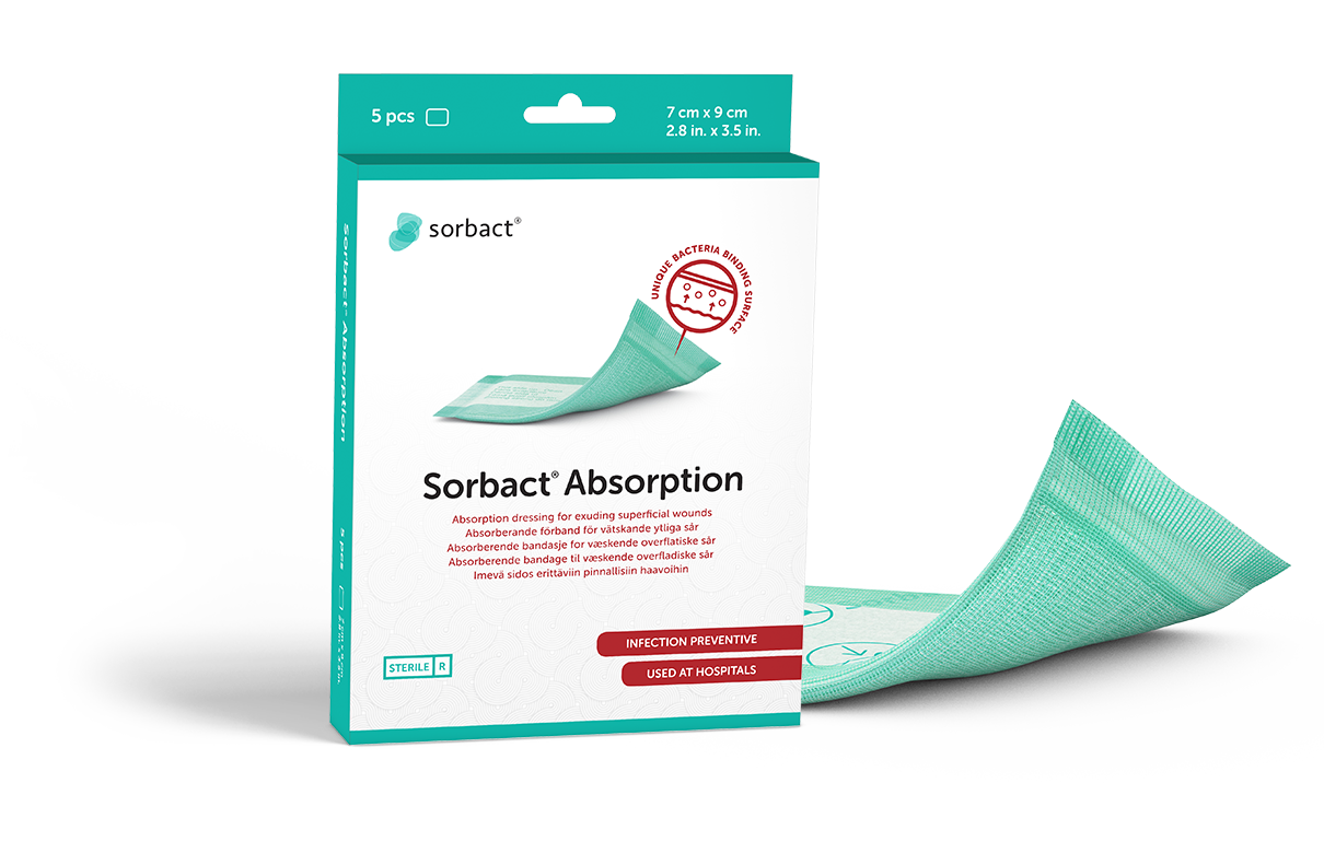 Sorbact Absorption packaging with a dressing beside it.