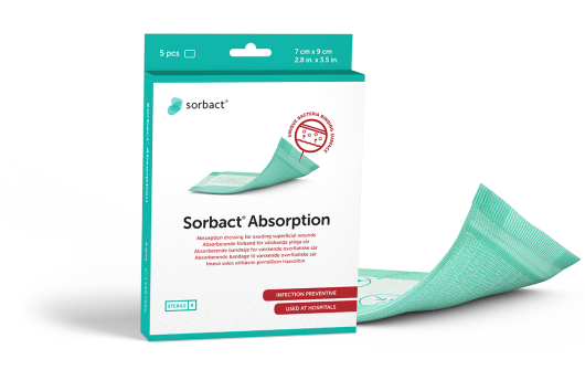 Sorbact Absorption packaging with a dressing beside it.