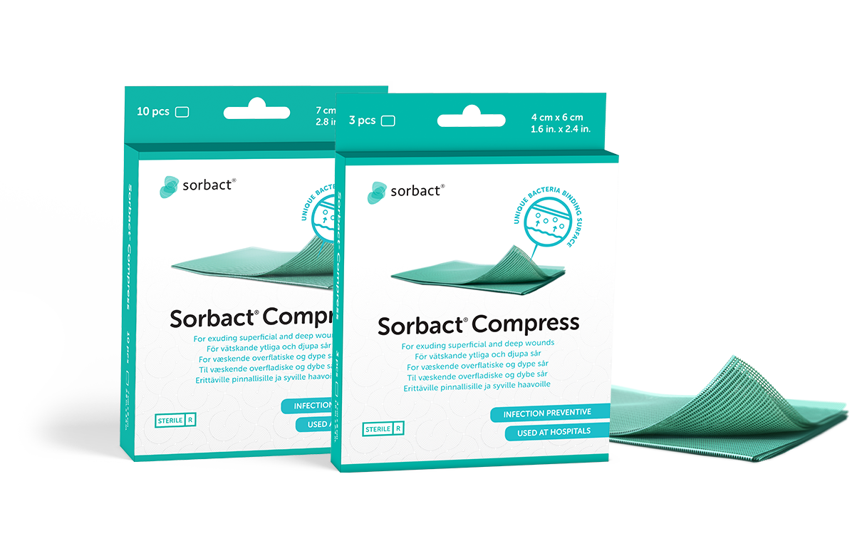 Sorbact Compress packages with a dressing beside them.