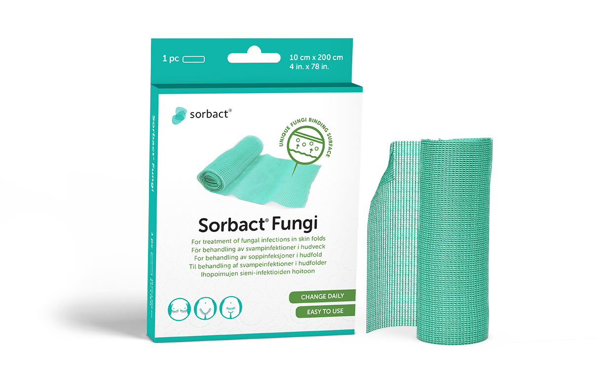 Sorbact Fungi packaging with a dressing beside it.