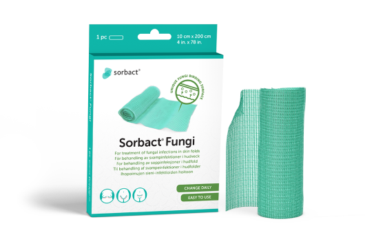 Sorbact Fungi packaging with a dressing beside it.