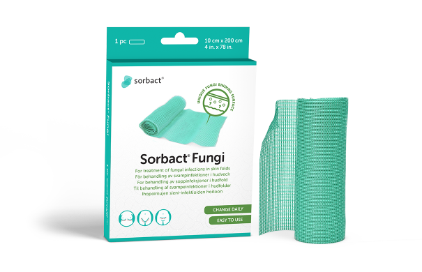 Sorbact Fungi packaging with a dressing beside it.
